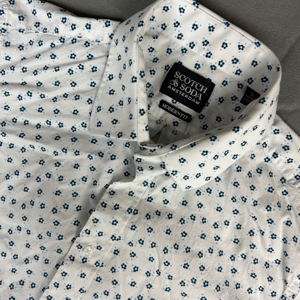 Scotch & Soda Button Down Mens 17/43 White Blue Floral Modern Fit Long Sleeve